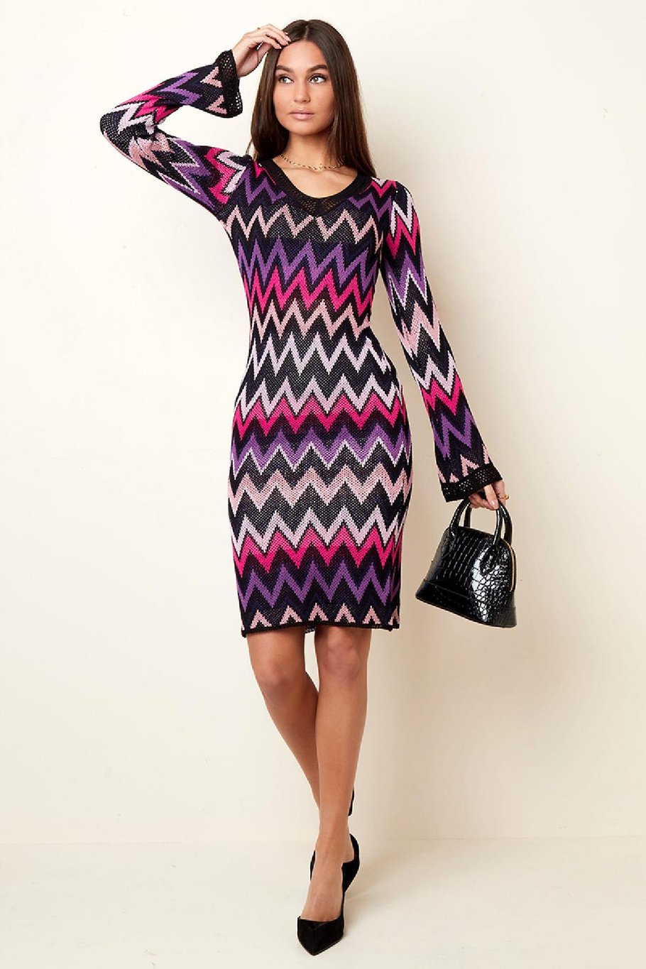 Crochet flare long sleeve dress Beige S h5Picture3